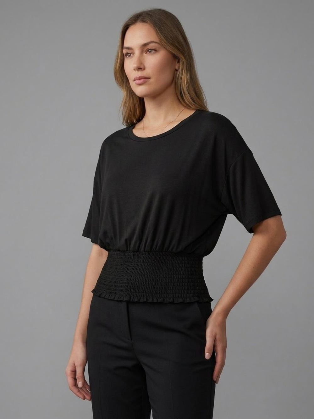 Heart & Hips Womens Smocked Waist Drop Shoulder Short Sleeve Blouse Top